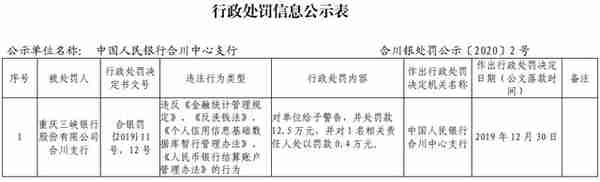 重庆三峡银行合川支行违法遭罚 违反金融统计管理规定